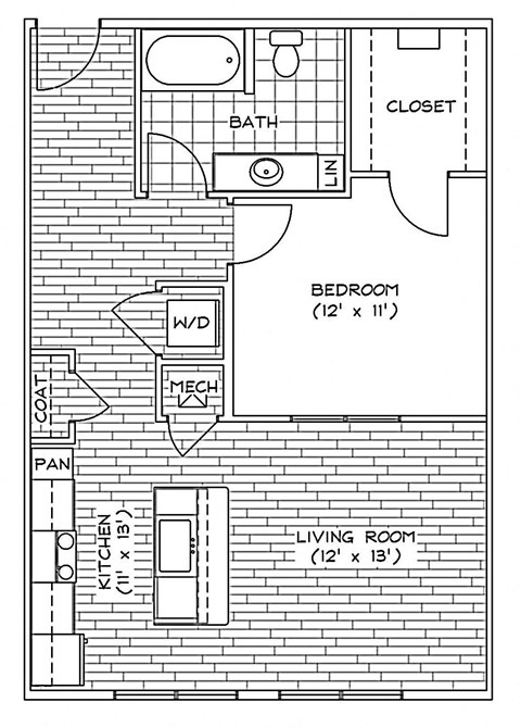 Floor plan for 1 bed, 1 bath, 749 sqft